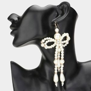 Gold and Cream Pearl Dangle Earrings 5.25" Oversized Bow Ribbon Beaded Statement
